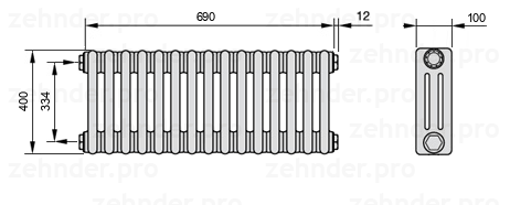 Схема (чертеж) Радиатор Zehnder Charleston 3040/15 №1270 Белый глянцевый RAL 9016